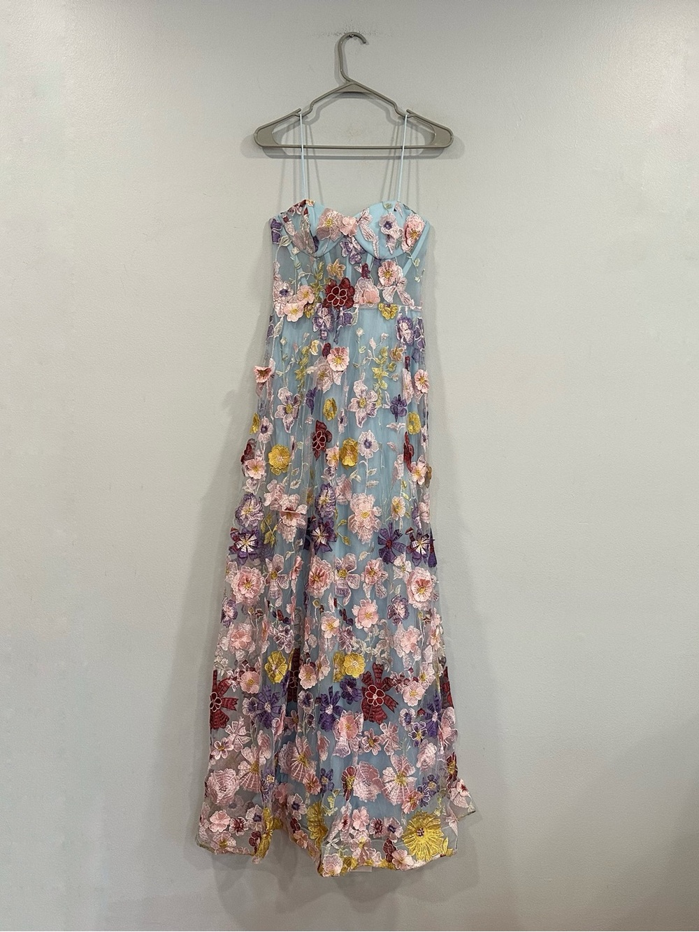 Mac Duggal 56331 Blue Spaghetti Strap Floral Embroidered A-Line Gown Sz 6